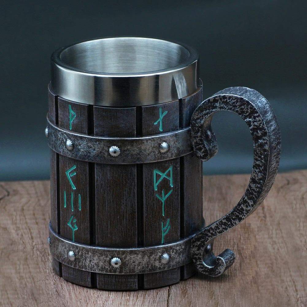 VIKING RUNES TANKARD MUG WITH WOODEN BARREL DESIGN - 600ml