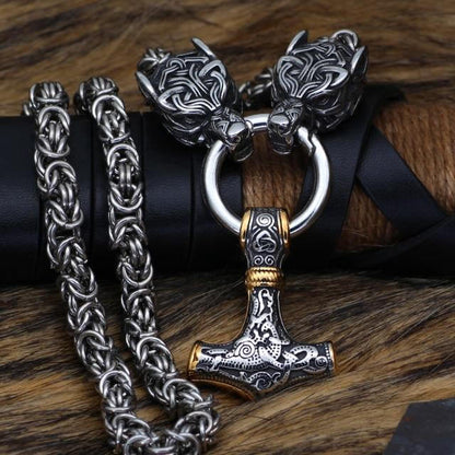 Braided King Chain With Twin Wolf Heads Holding A  Mjolnir Pendant