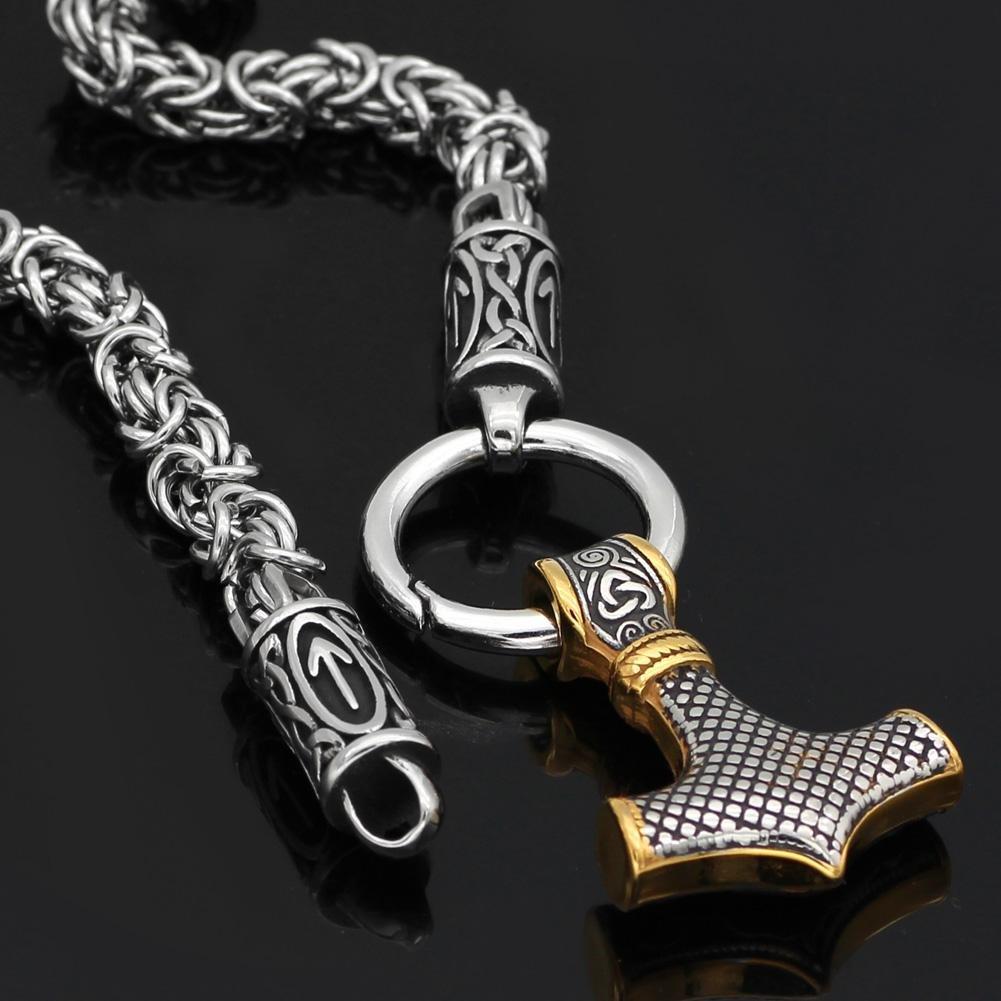 Braided King Chain With Runes And Gold Trimmed Mjolnir Pendant