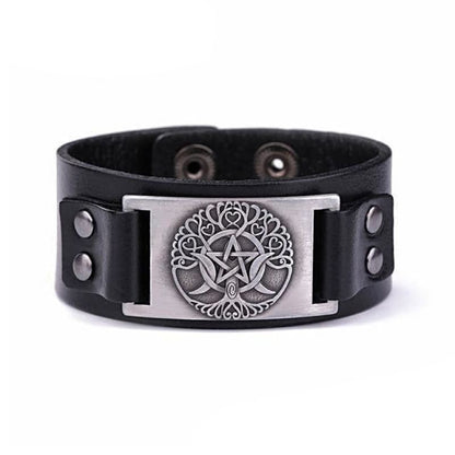 VIKING LEATHER BRACELET YGGDRASIL - Black - Silver - viking leather cuff