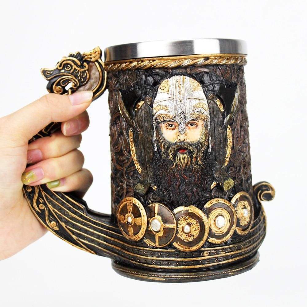 Viking Tankard Mug - Drakkar Dragon Ship Mug Featuring Norse God Odin