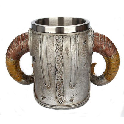 Viking Tankard Mug - Handcrafted Skull With Steel Horned Helmet