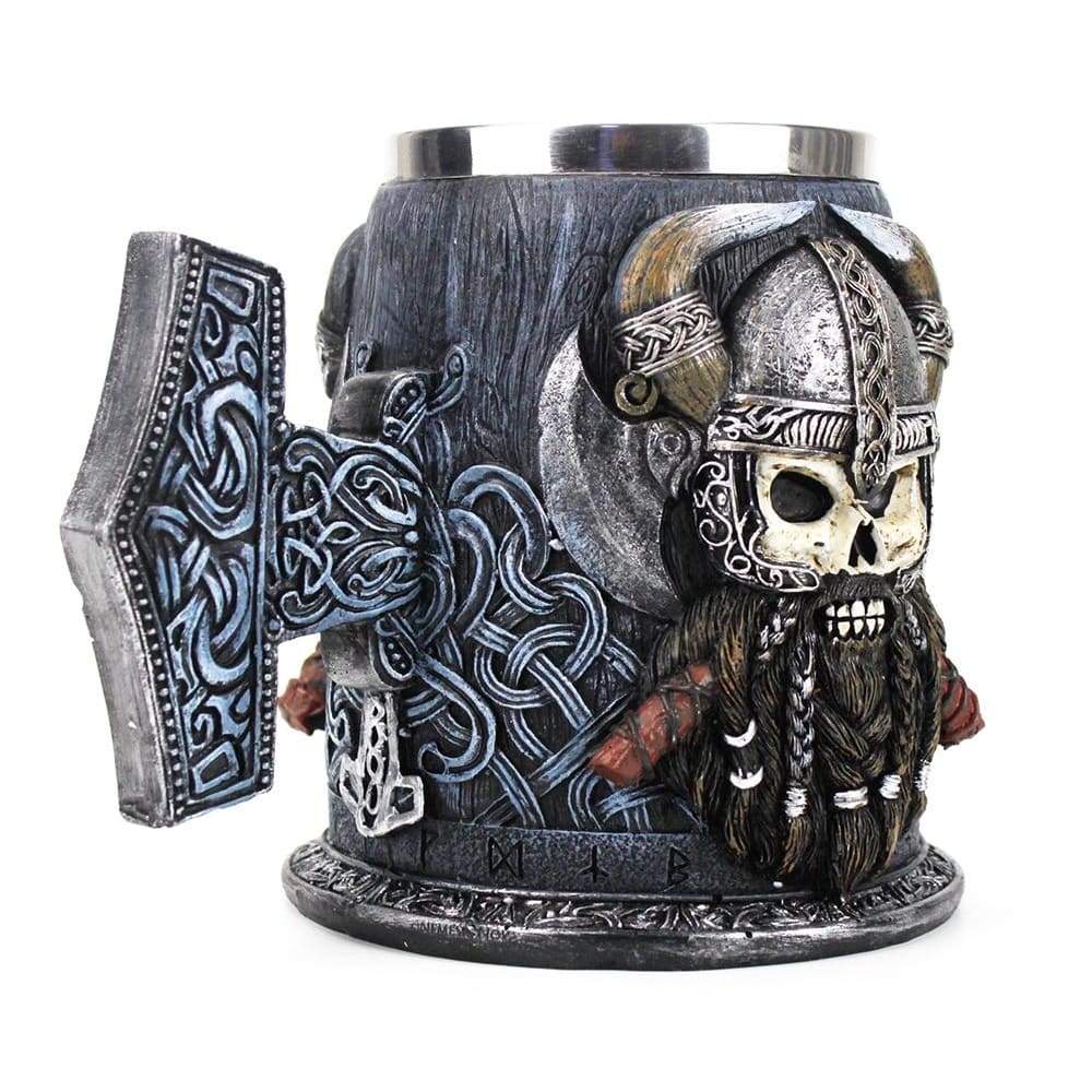 Mjolnir Tankard Mug Featuring A Viking Skull With Horned Helmet