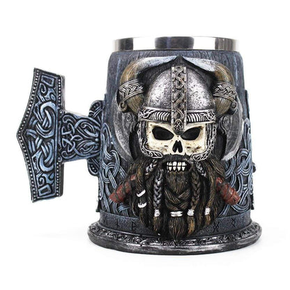 Mjolnir Tankard Mug Featuring A Viking Skull With Horned Helmet