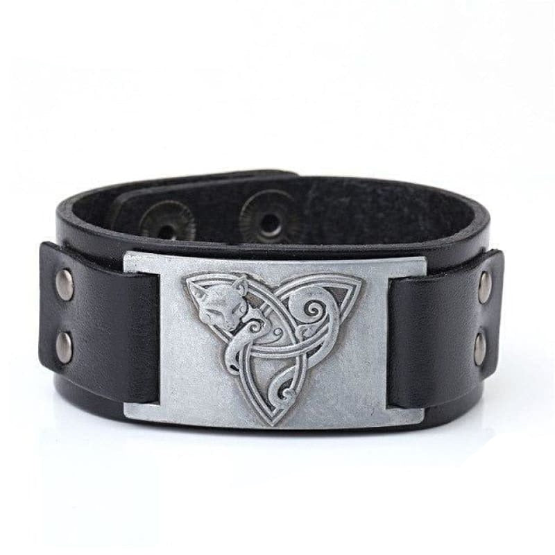 VIKING TRIQUETRA FOX BRACELET - Black - Silver - viking leather cuff