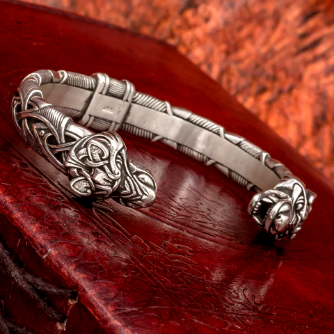 Viking Silver Bracelet with Dragon's Heads | Viking Jewelry - Norse Wolves