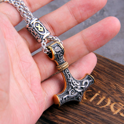 Thors Hammer Necklace - Golden Othala Rune