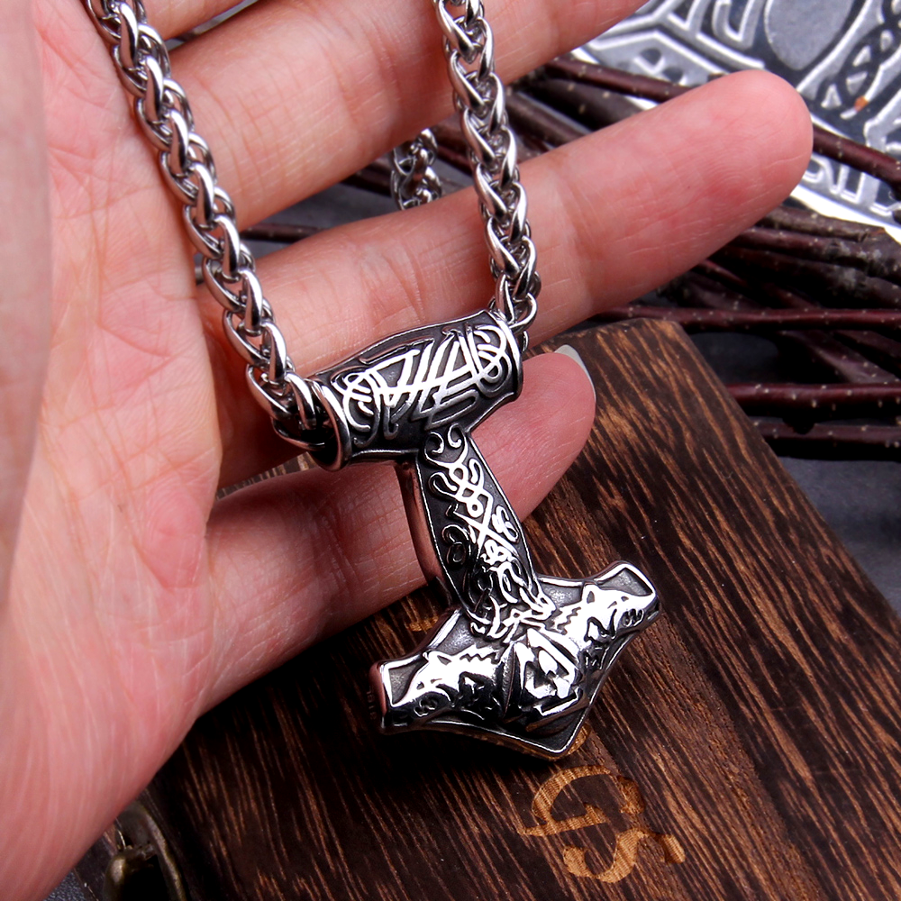 Thors Hammer Necklace - Valknut Wolves