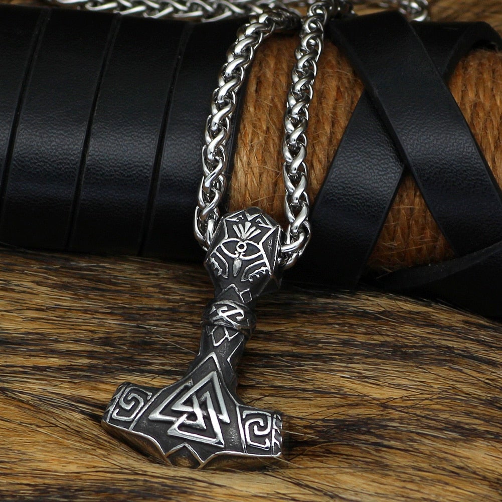Thors Hammer Necklace with Valknut Symbol
