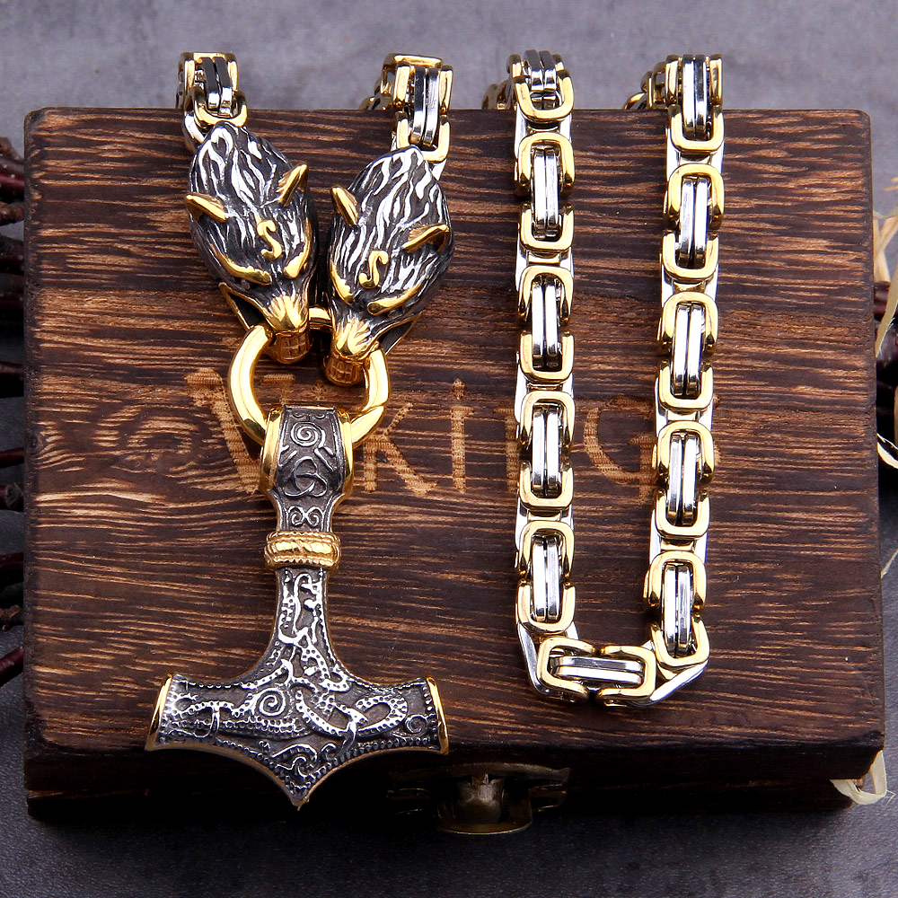 Gold Trimmed King's Chain Necklace With Wolves Holding Thor's Hammer Pendant