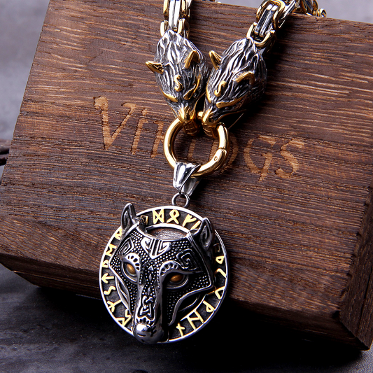King's Chain Necklace With Wolves' Heads Holding Fenrir Medallion