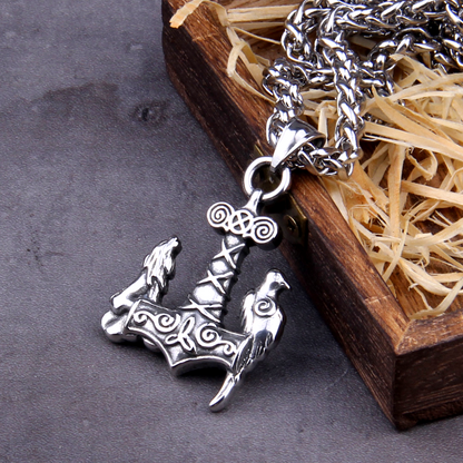 Thors Hammer Necklace - Wolf and Raven
