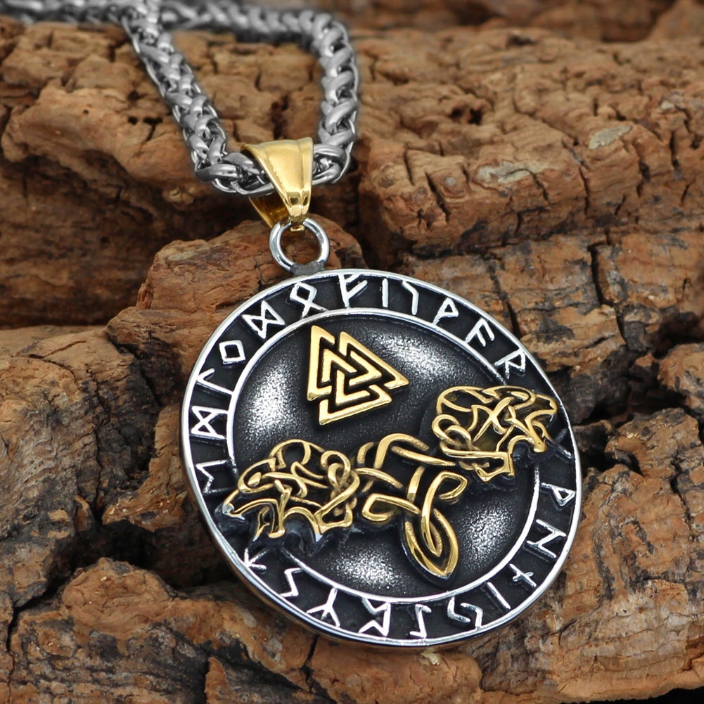 Viking Necklace - Golden Wolves Runic Circle