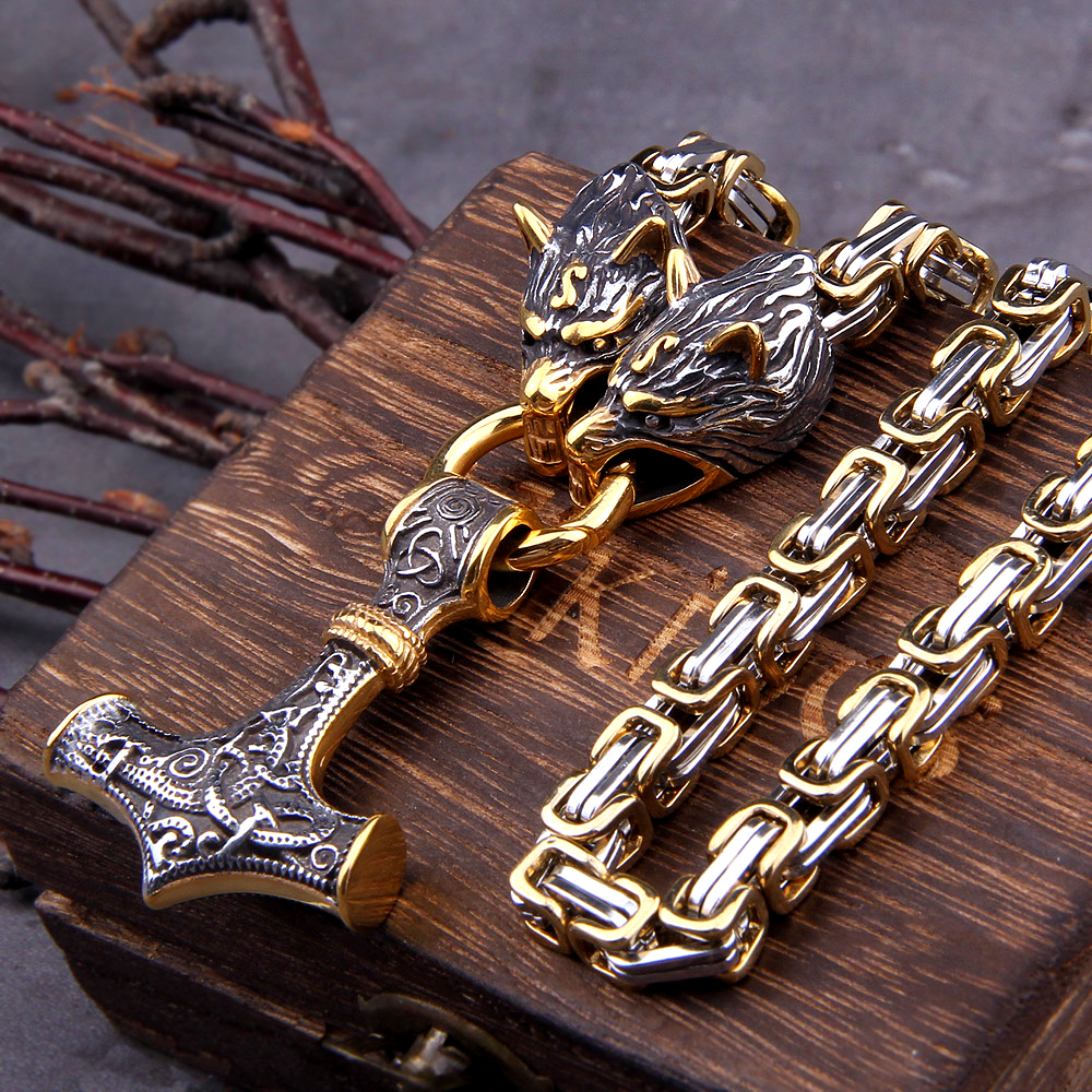 Gold Trimmed King's Chain Necklace With Wolves Holding Thor's Hammer Pendant