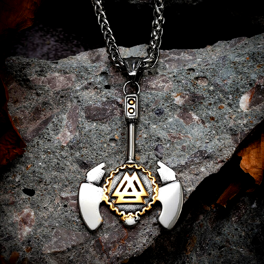 Viking Necklace - Golden Valknut Axe