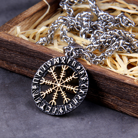 Viking Necklace - Golden Vegvisir Runes
