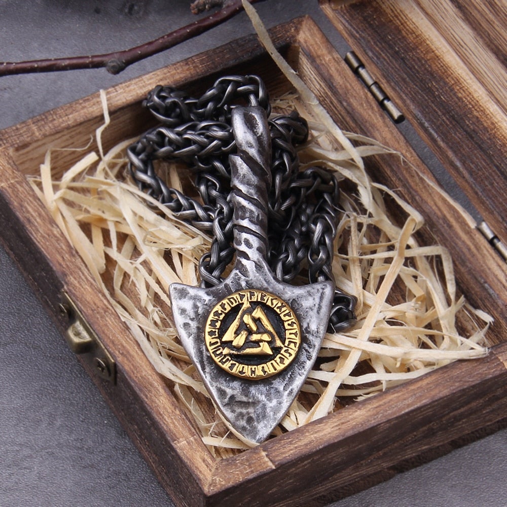 Viking Necklace - Golden Valknut Arrow