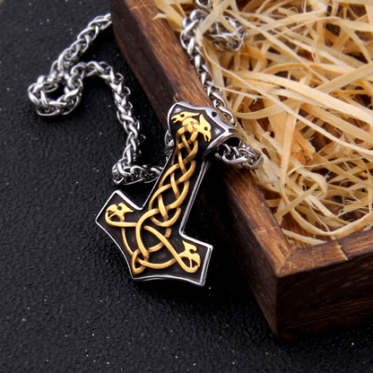 Thors Hammer Necklace - Golden Knotted Ravens
