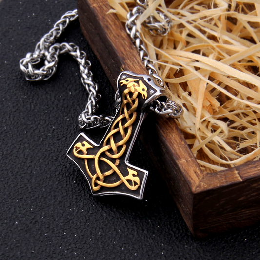 Thors Hammer Necklace - Golden Knotted Ravens