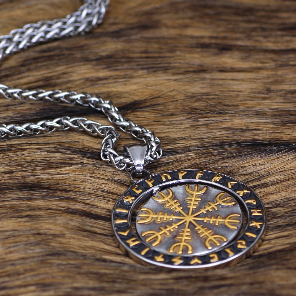 Viking Necklace - Golden Aegishjalmur Runic Circle