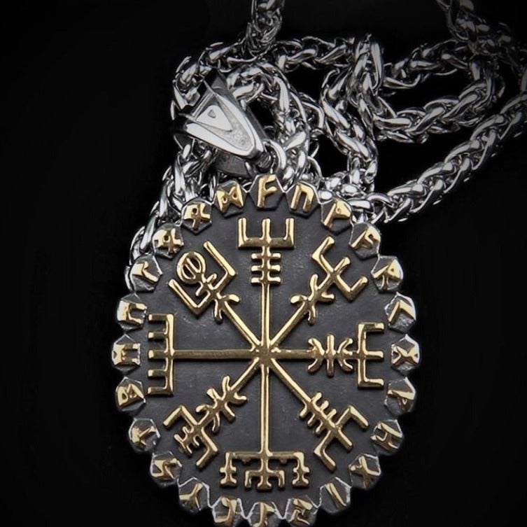 Viking Necklace - Golden Vegvisir Rune Circle