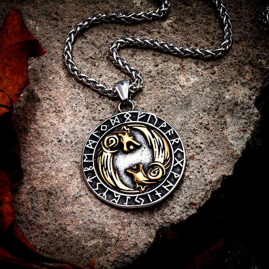 Viking Necklace - Golden Odin's Wolves